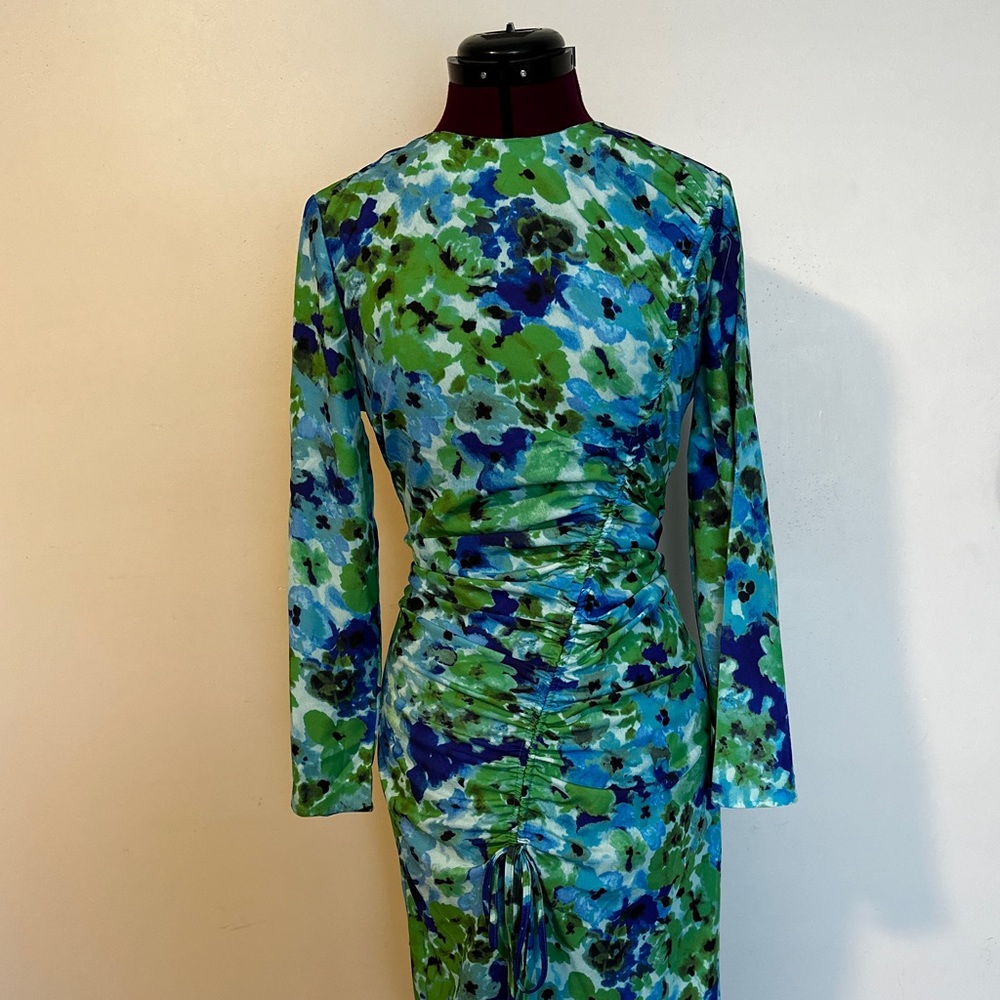 Women's Midi Long Sleeve Floral Print Multicolored Dress Blue/Green SIZE L NWT